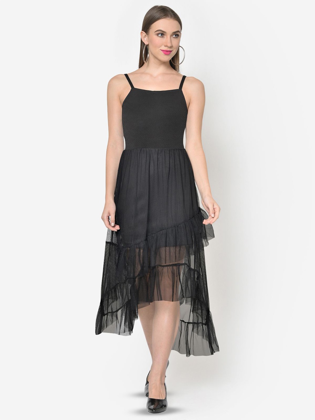 

Martini Ruffled Fit & Flare Midi Dress, Black