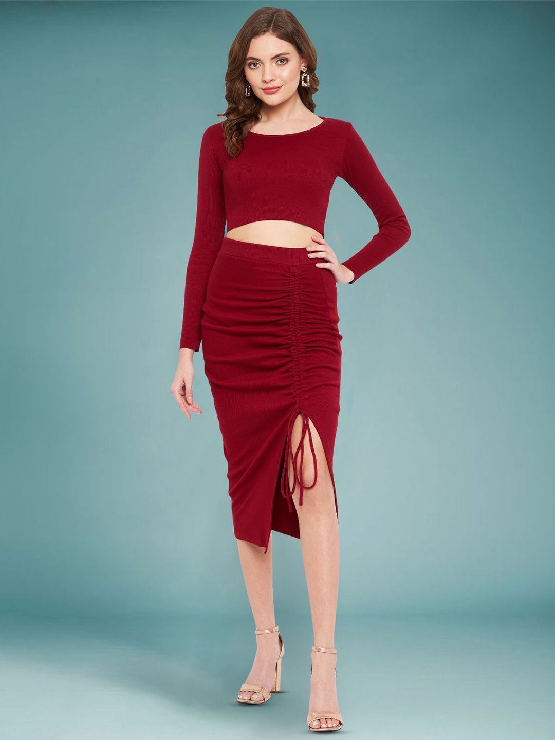 

Martini Women Round Neck Midi Top & Skirts, Maroon