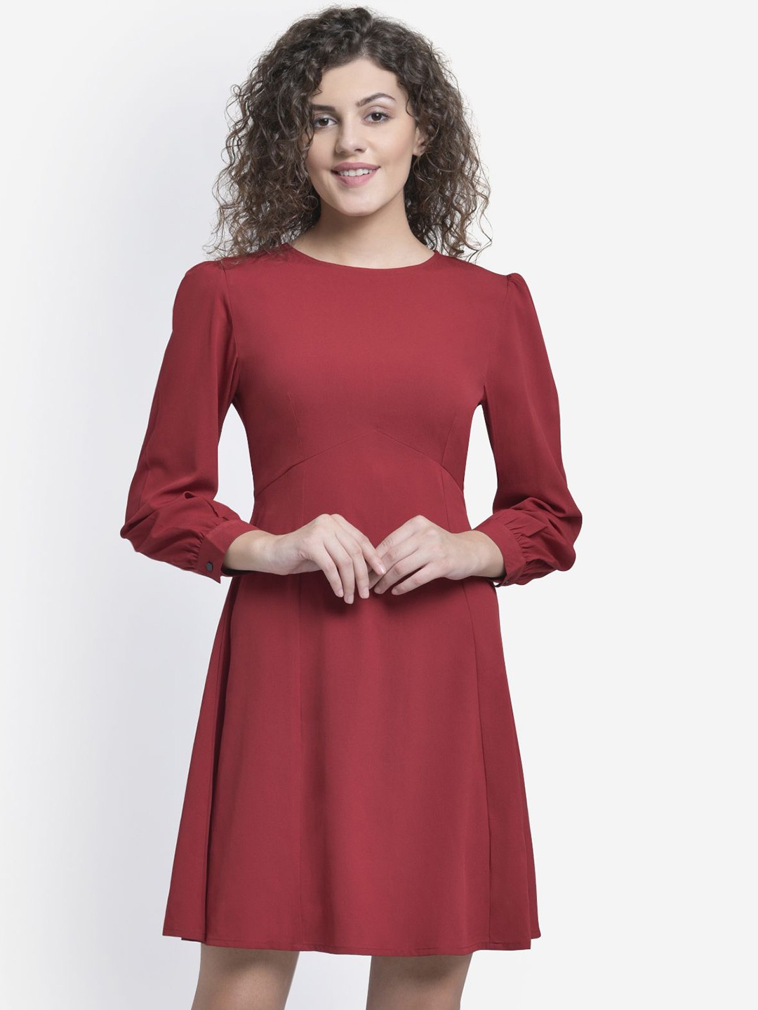 

Martini Puff Sleeve Fit & Flare Dress, Maroon