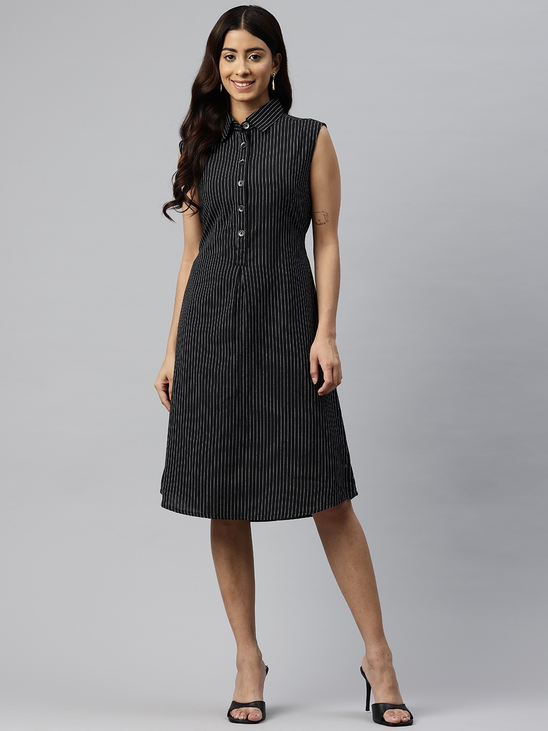 

Cottinfab Striped A-Line Dress, Black