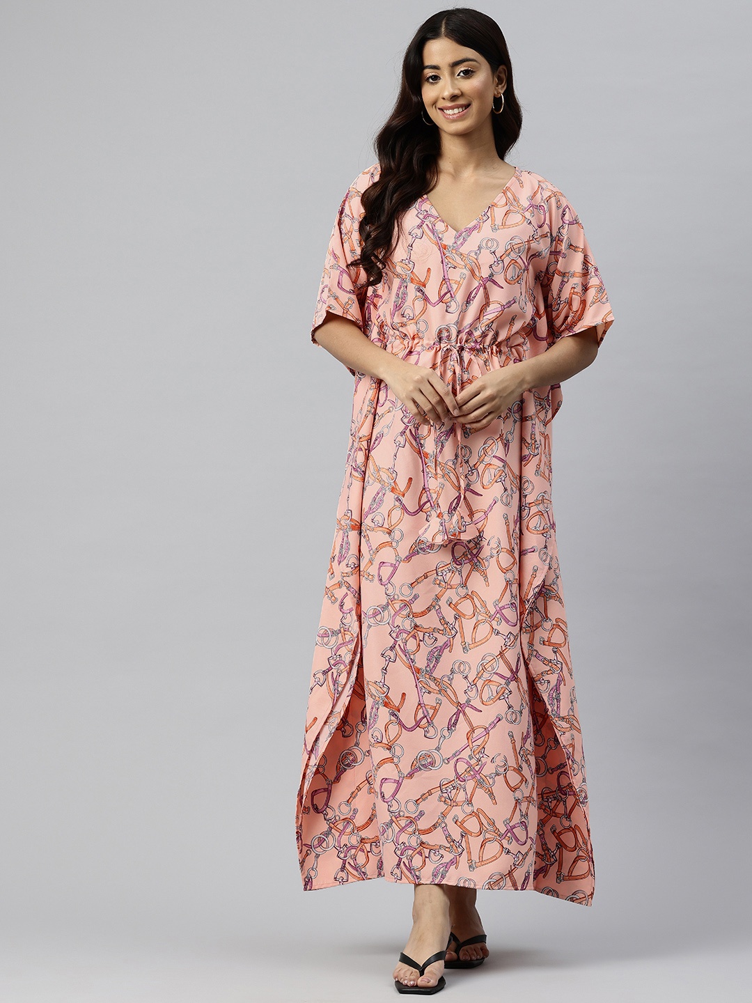 

Cottinfab Printed Kimono Sleeves Crepe Kaftan Maxi Dress, Peach