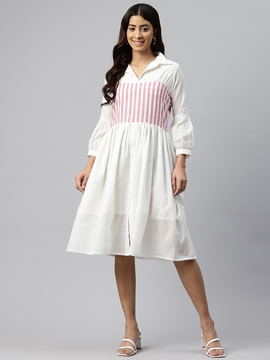 

Cottinfab Striped Gathered-Detail A-Line Dress, White