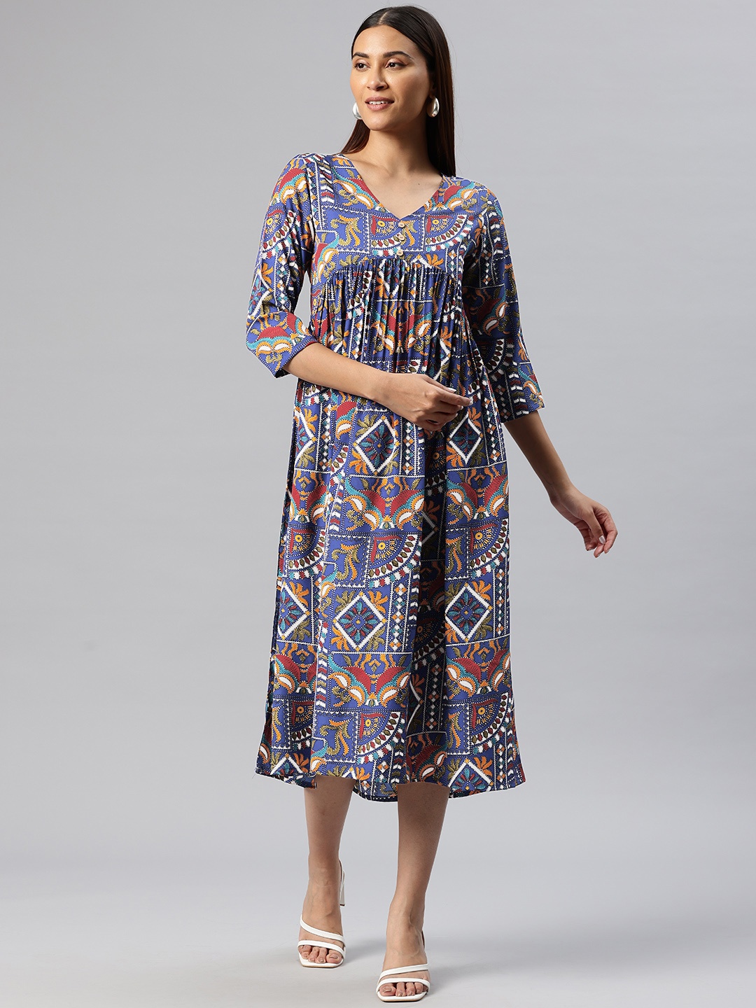 

Cottinfab Ethnic Motifs Print Crepe A-Line Midi Dress, Blue