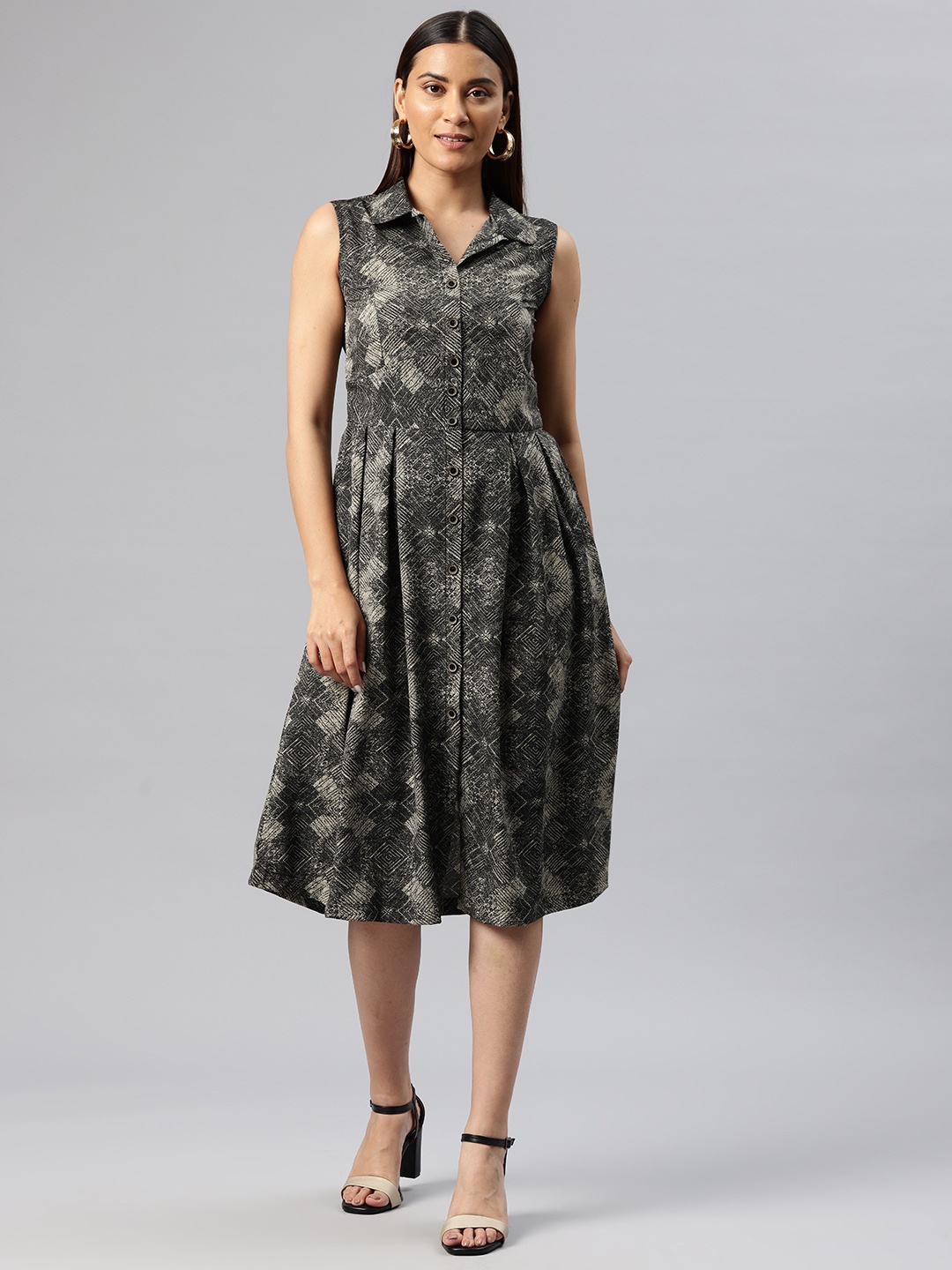 

Cottinfab Print Peter Pan Collar Crepe Fit & Flare Dress, Black