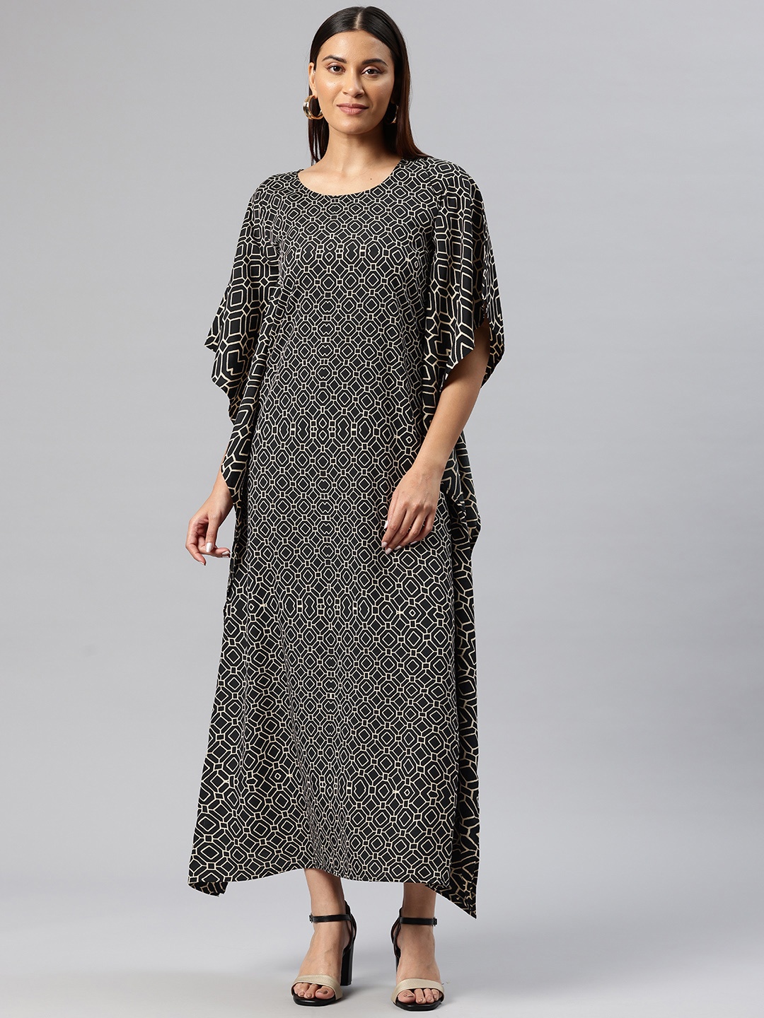 

Cottinfab Geometric Printed Kimono Sleeve Crepe Kaftan Maxi Dress, Black