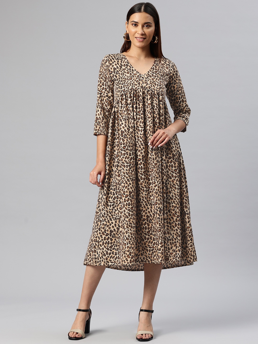

Cottinfab Animal Printed Crepe A-Line Midi Dress, Brown
