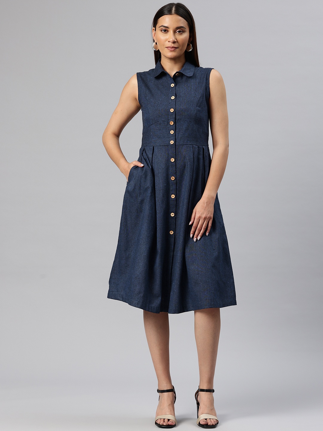 

Cottinfab Solid Belted A-Line Dress, Navy blue