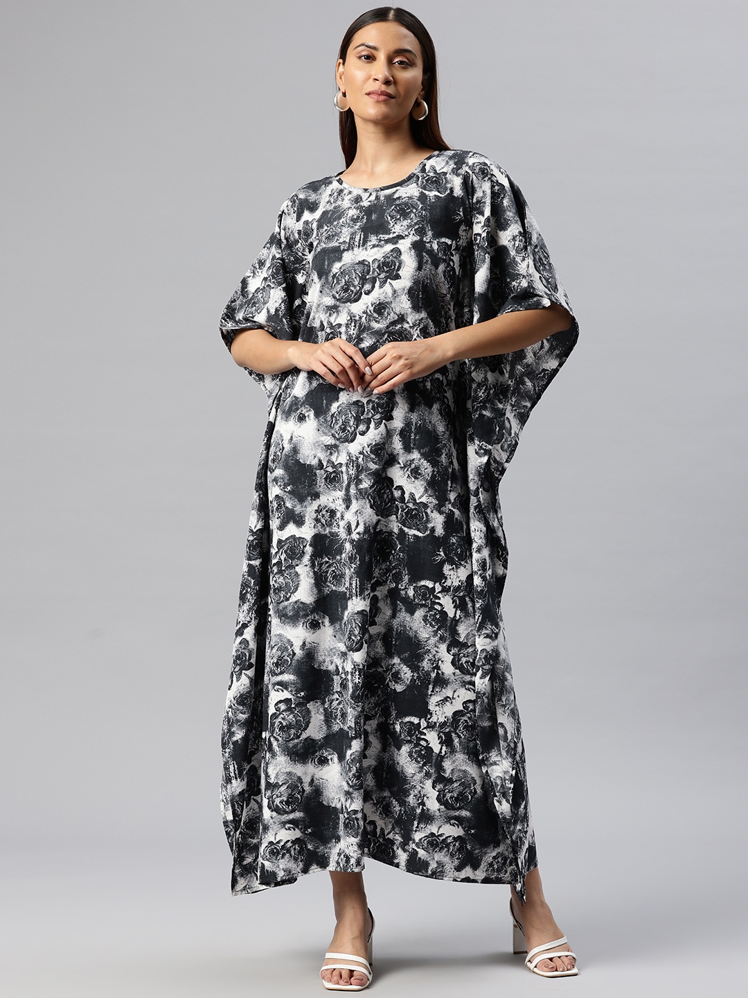 

Cottinfab Floral Printed Kimono Sleeve Crepe Kaftan Maxi Dress, Black