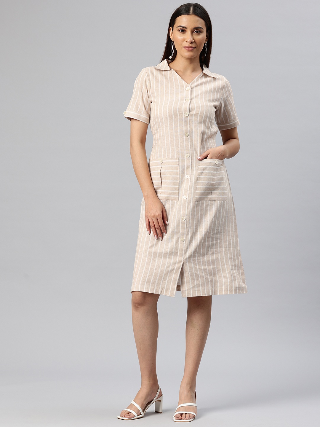 

Cottinfab Striped Pocket Detailing Shirt Dress, Beige