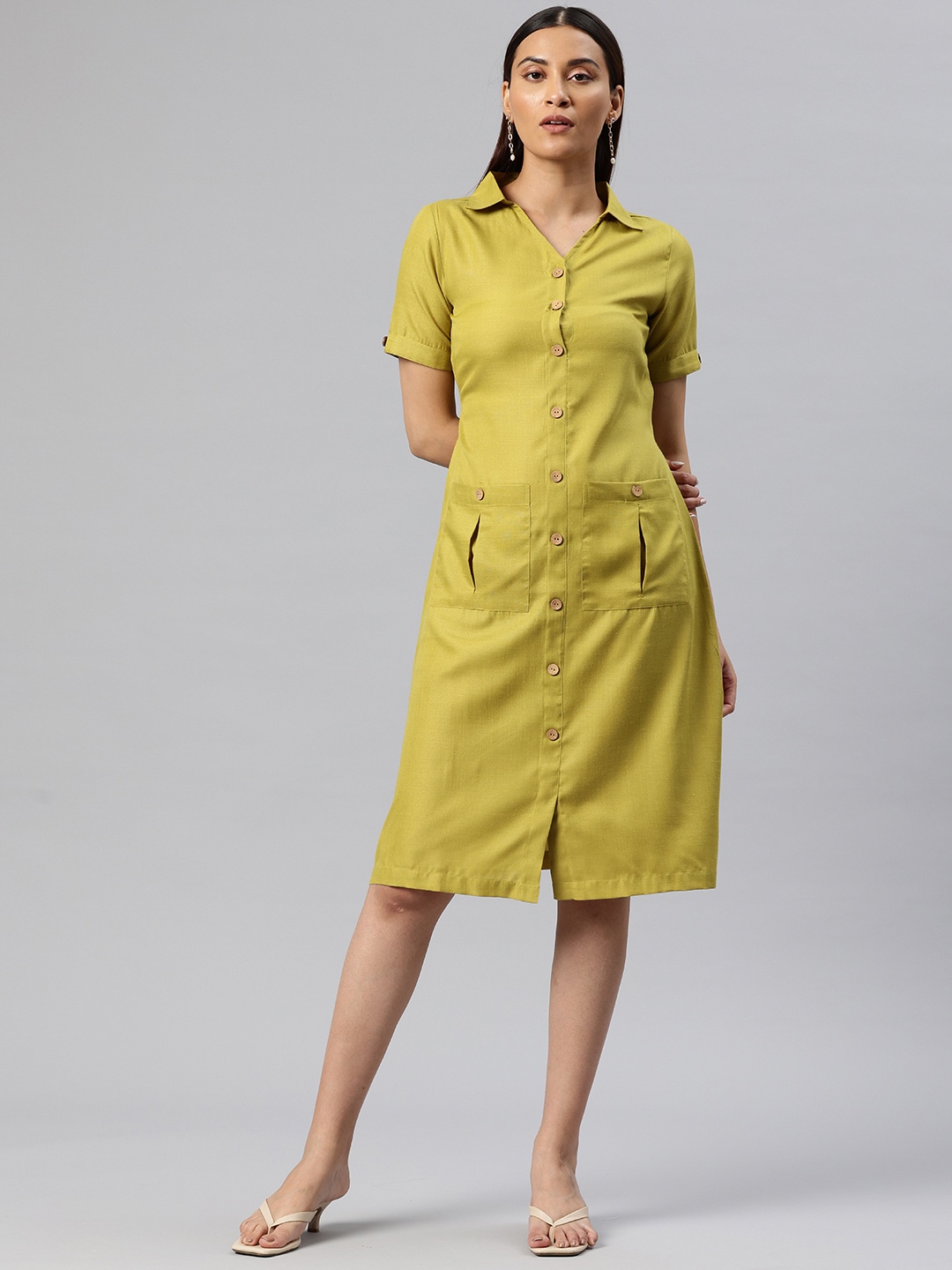

Cottinfab Solid Belted Shirt Dress, Mustard