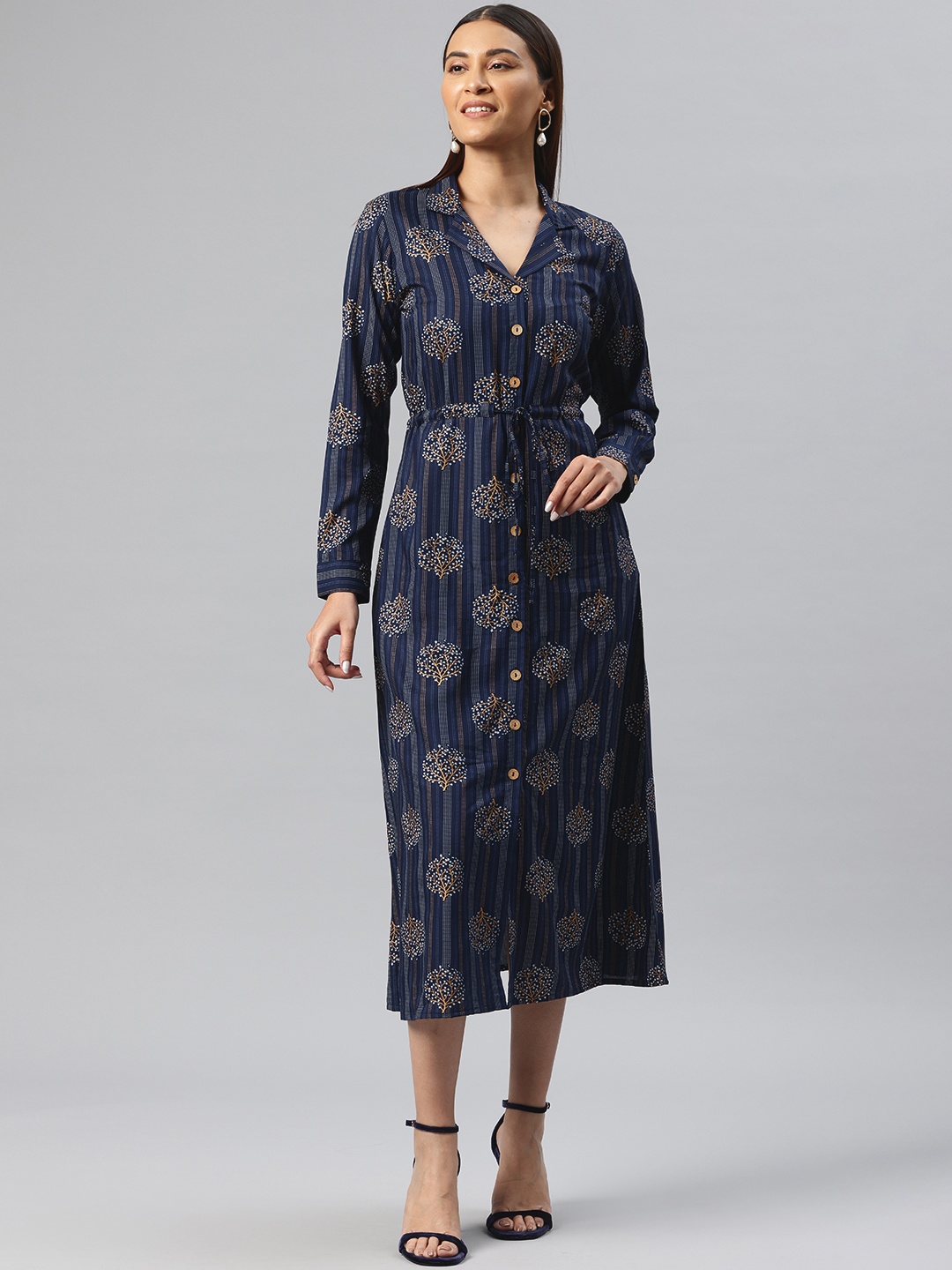 

Cottinfab Ethnic Motifs Printed Belted Shirt Midi Dress, Blue