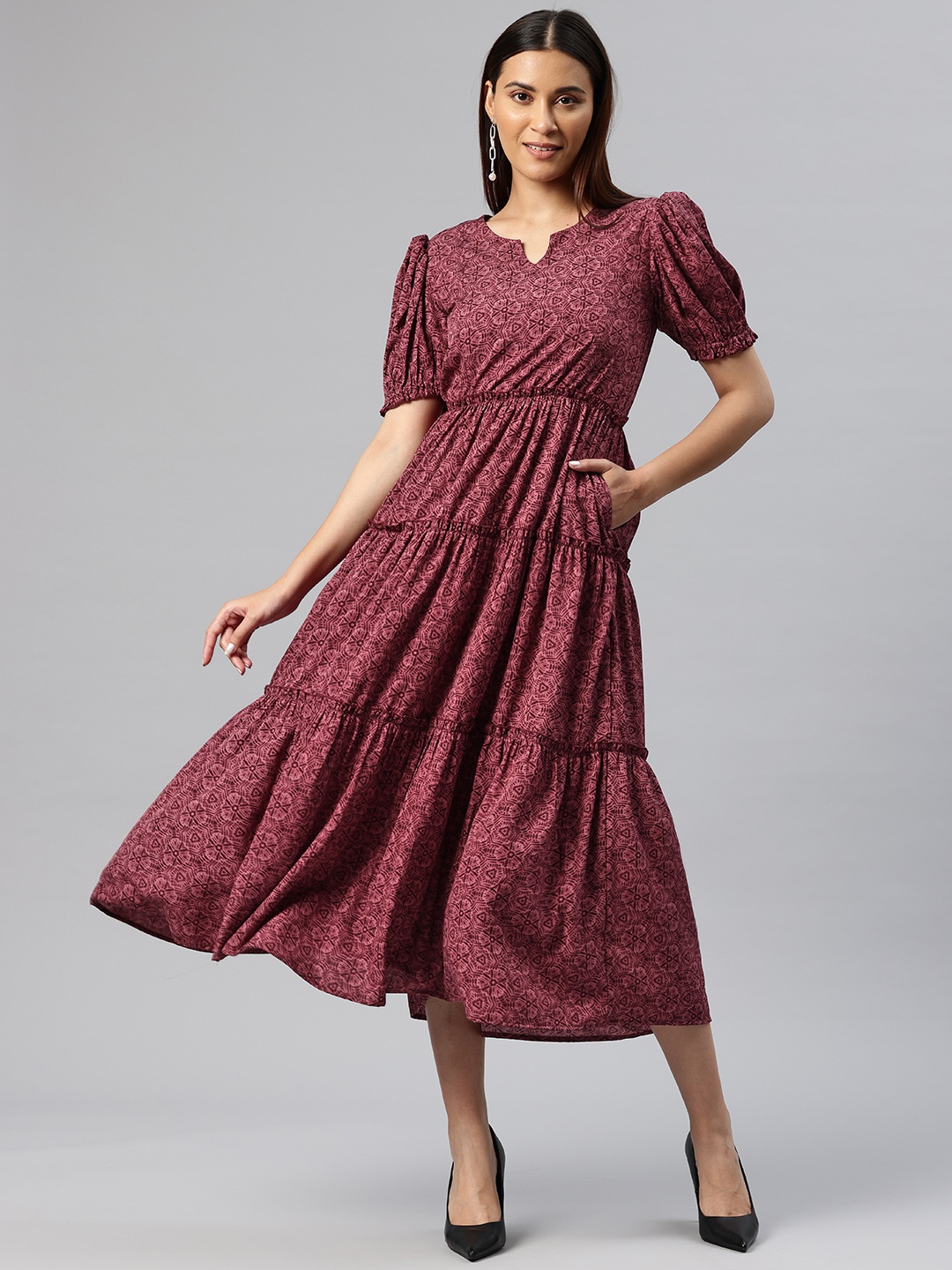 

Cottinfab Abstract Printed Puff Sleeve Crepe Fit & Flare Midi Dress, Burgundy