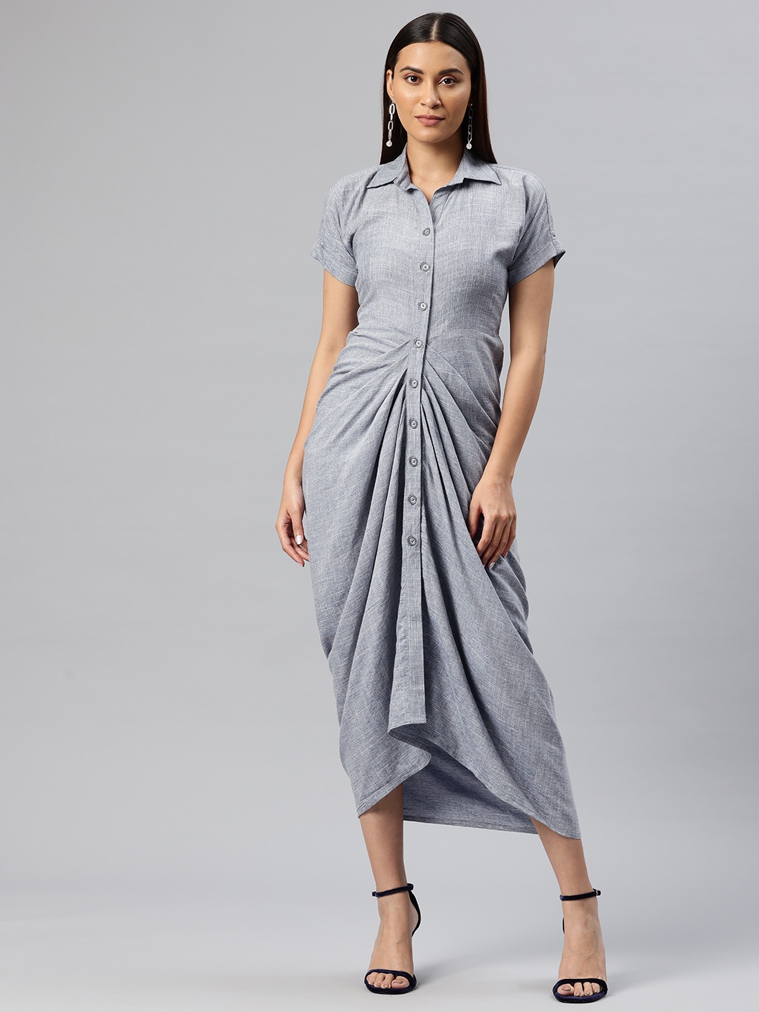 

Cottinfab Solid Gathered-Detail Shirt Midi Dress, Blue