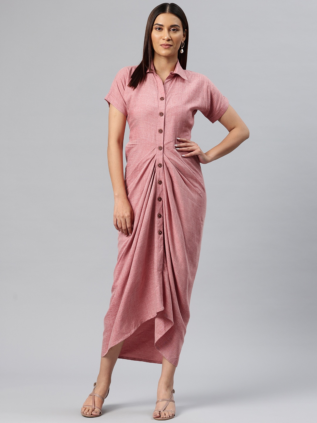 

Cottinfab Solid Gathered-Detail Shirt Midi Dress, Pink