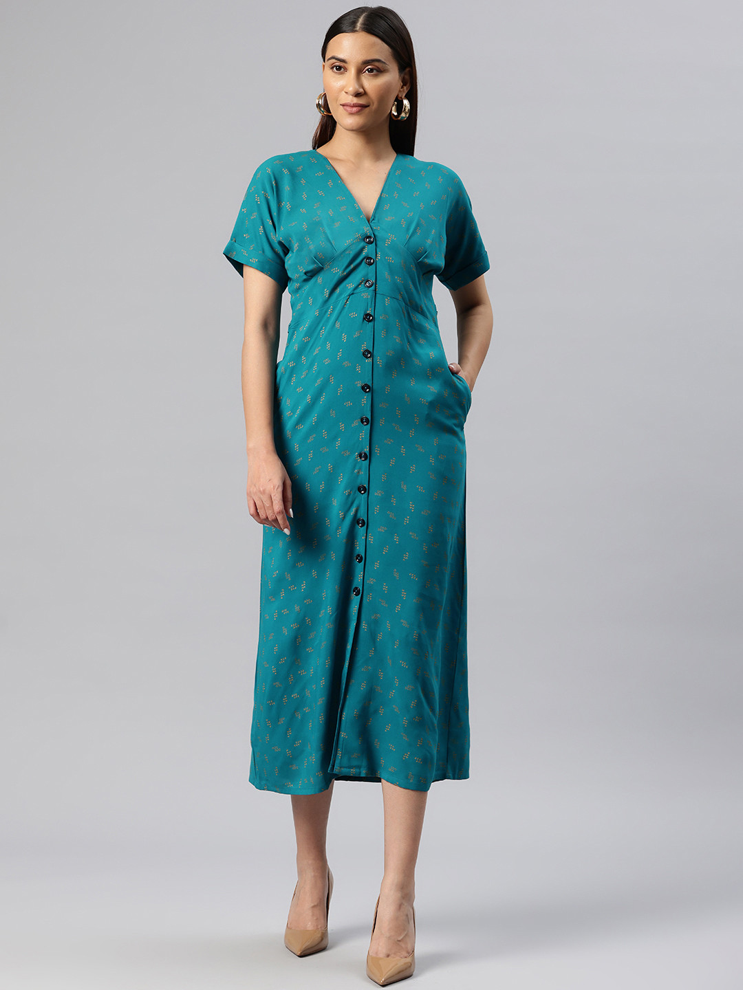 

Cottinfab Ethnic Motifs Print A-Line Midi Dress, Blue