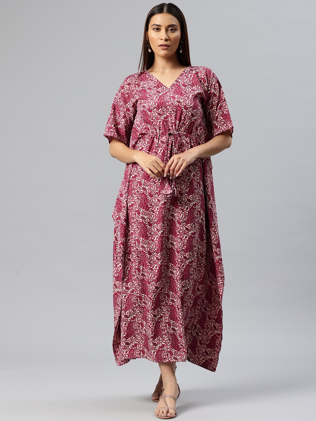 

Cottinfab Floral Print Kimono Sleeves Crepe Kaftan Maxi Dress, Pink
