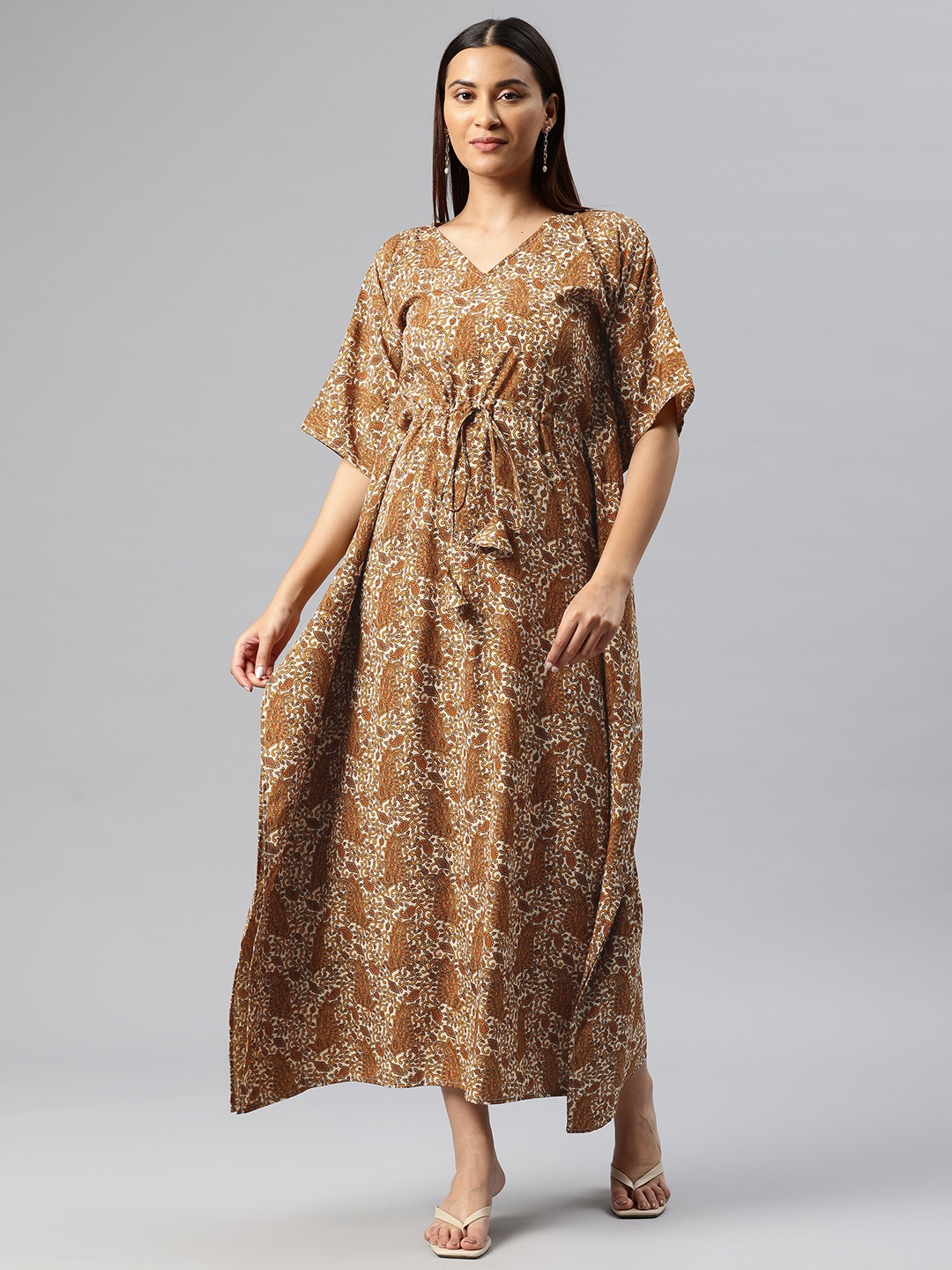 

Cottinfab Floral Print Kimono Sleeves Crepe Kaftan Maxi Dress with Tie-Ups Detail, Mustard