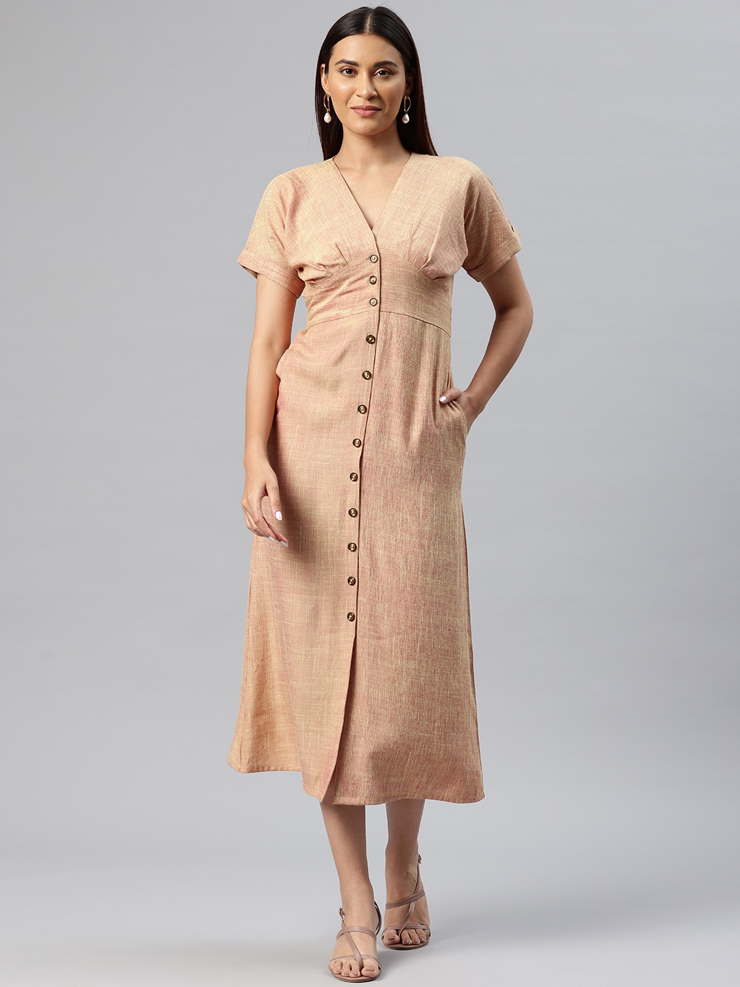 

Cottinfab Solid Belted A-Line Midi Dress, Peach