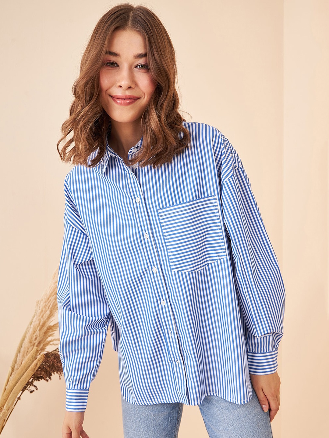

Kibo Relaxed Opaque Striped Casual Cotton Oversized Shirt, Blue