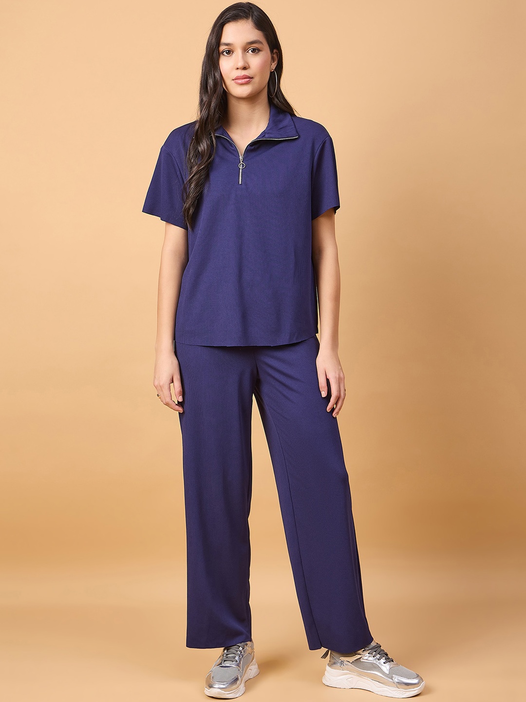 

DRAPE AND DAZZLE Spread Collor T-Shirt & Trousers Co-Ord, Navy blue