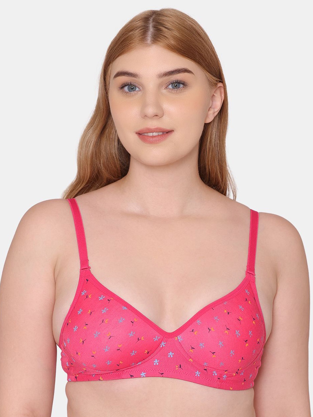 

KOMLI Floral Printed Full Coverage Lightly Padded Cotton T-shirt Bra- All Day Comfort, Pink