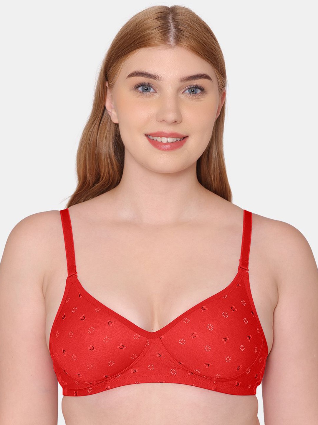 

KOMLI Floral Seamless Medium Padded Cotton Rich Full Coverage T-Shirt Bra All Day Comfort, Red