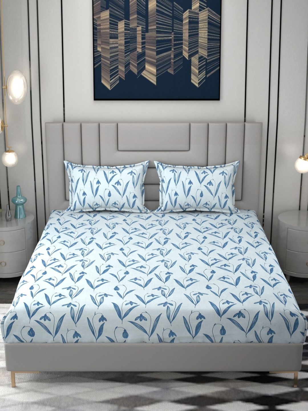 

FINE TEX WORLD White & Blue Floral 210 TC Fitted King Bedsheet with 2 Pillow Covers