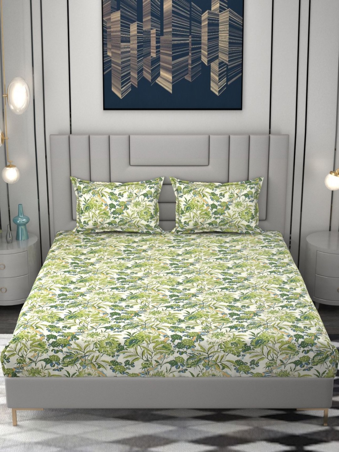 

FINE TEX WORLD Green & White Floral 210 TC Fitted King Bedsheet with 2 Pillow Covers