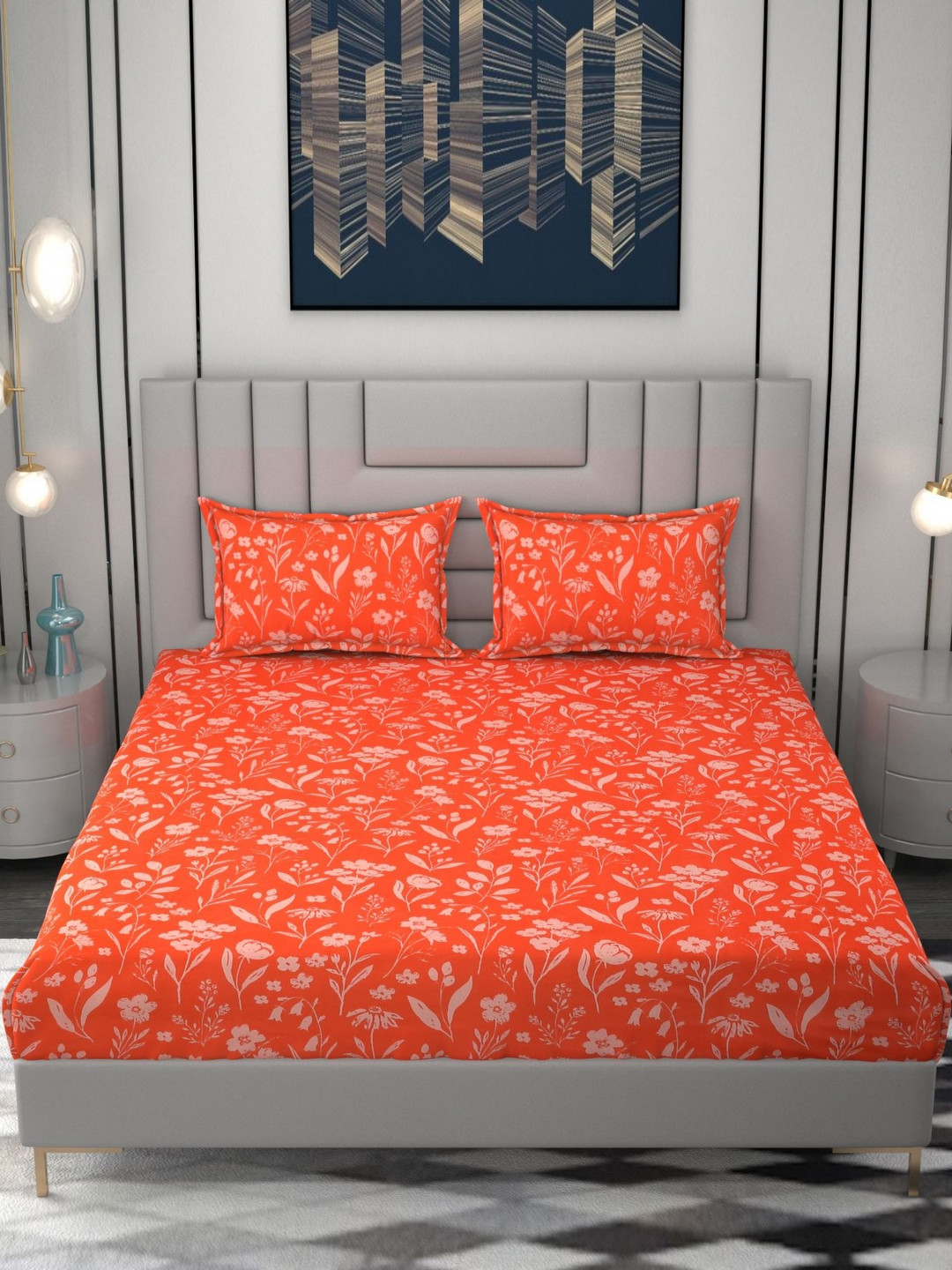

FINE TEX WORLD Orange & Coral Floral 210 TC Fitted King Bedsheet with 2 Pillow Covers