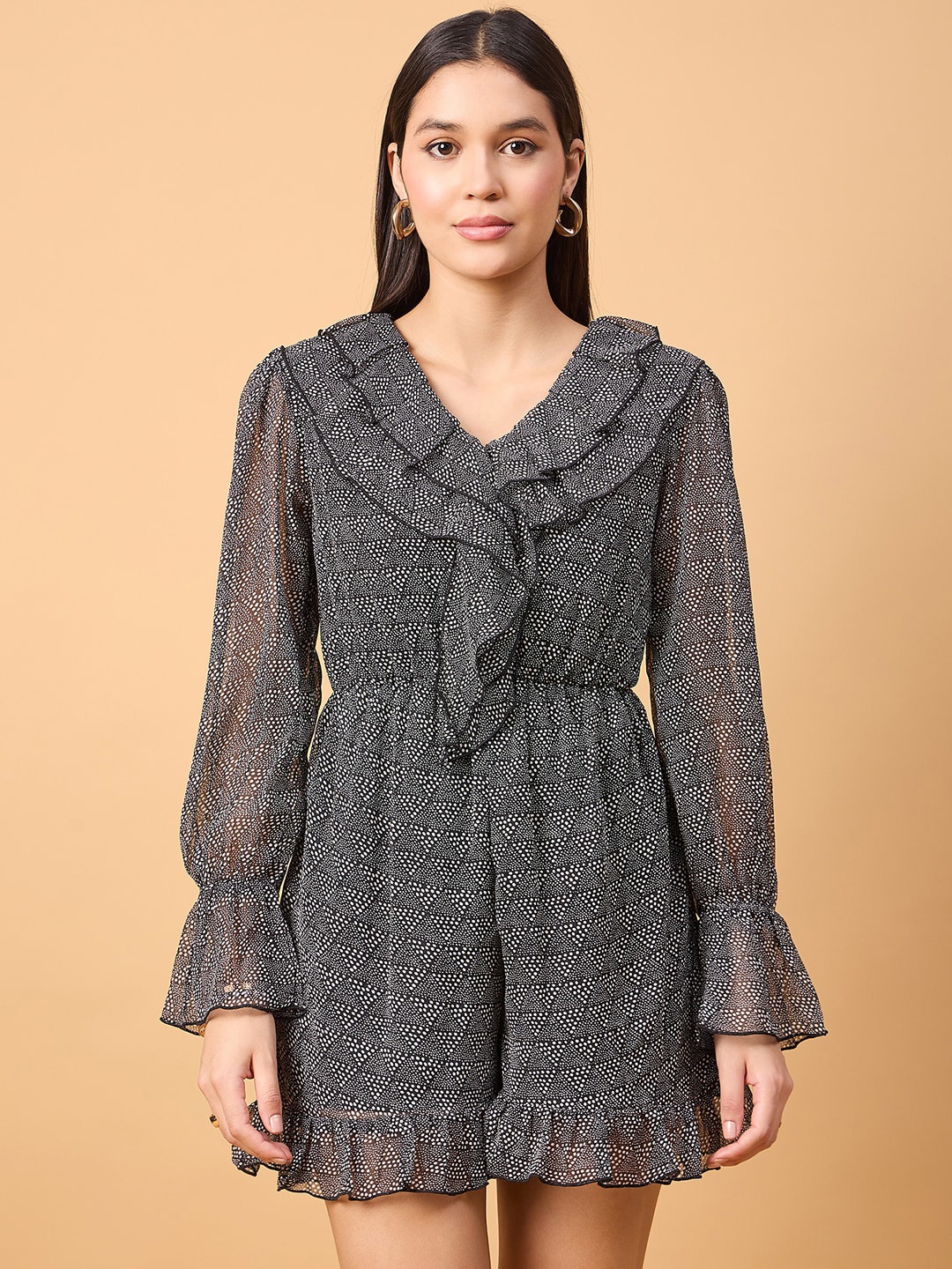 

DRAPE AND DAZZLE Printed Ruffled Playsuit, Black