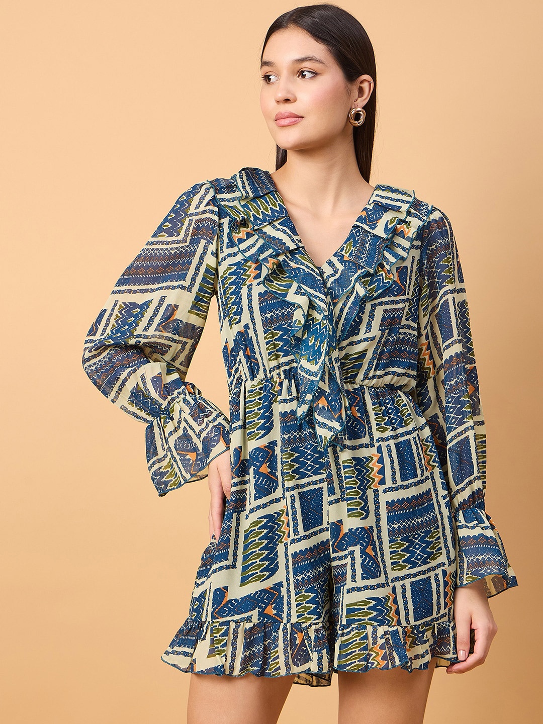 

DRAPE AND DAZZLE Printed Ruffled Playsuit, Navy blue