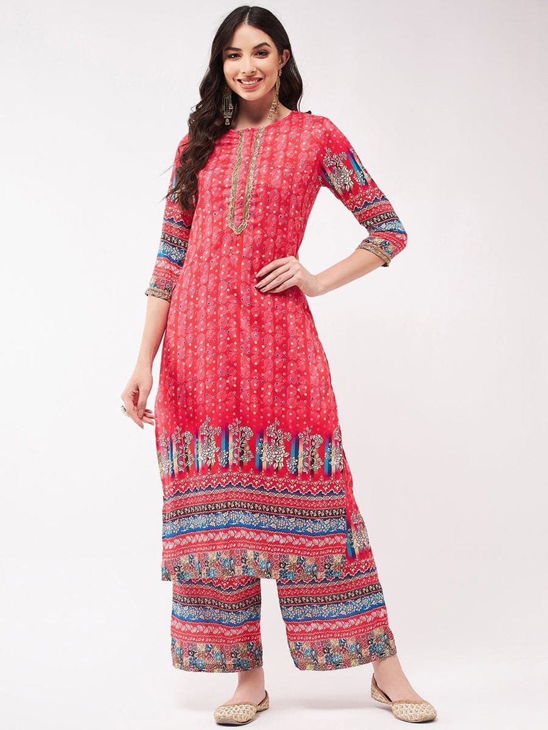 

Pannkh Ethnic Motifs Printed Round Neck Straight Kurta with Palazzos, Red
