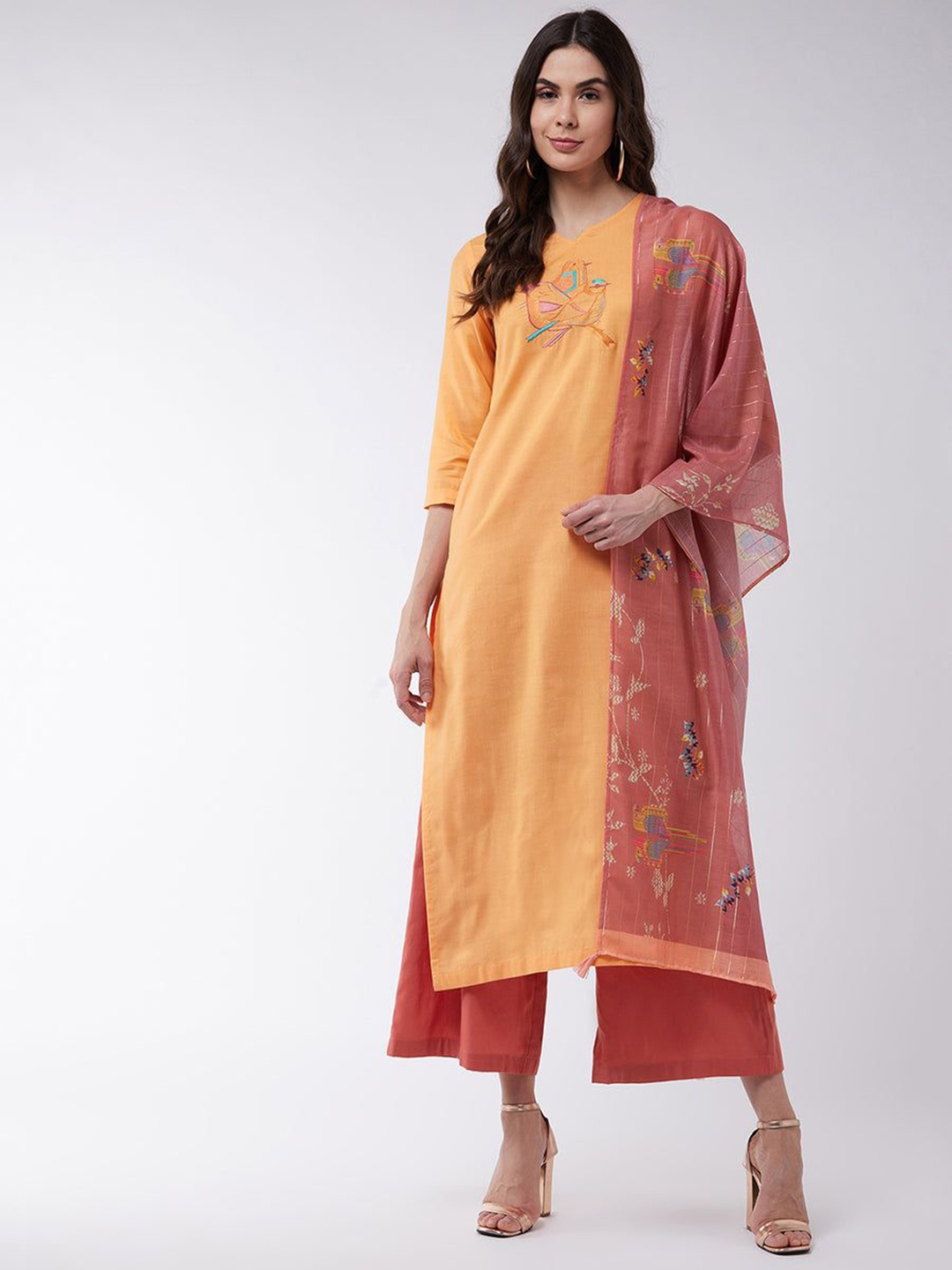 

Pannkh Ethnic Motifs Printed Embroidered Pure Cotton Kurta with Palazzos & Dupatta, Orange