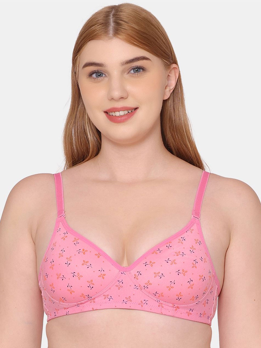 

KOMLI Floral Printed Full Coverage Lightly Padded Cotton T-shirt Bra- All Day Comfort, Pink