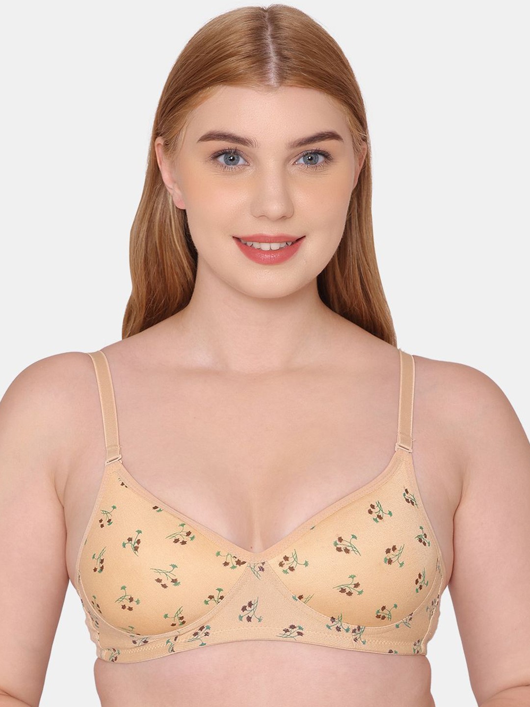 

KOMLI Floral Printed Full Coverage Lightly Padded Cotton T-shirt Bra- All Day Comfort, Beige