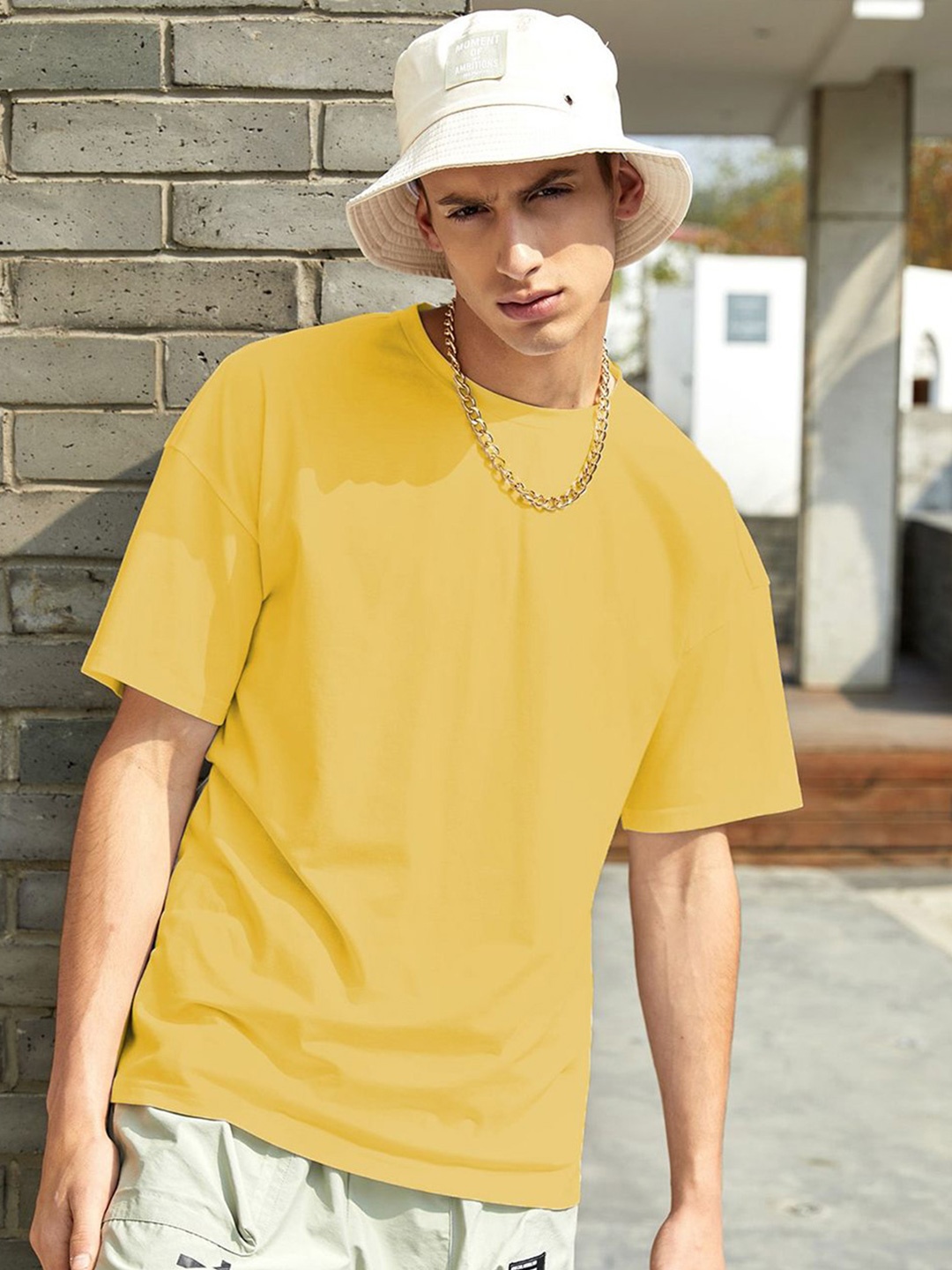 

Kotty Yellow Drop-Shoulder Sleeves Oversized Cotton Casual T-Shirt