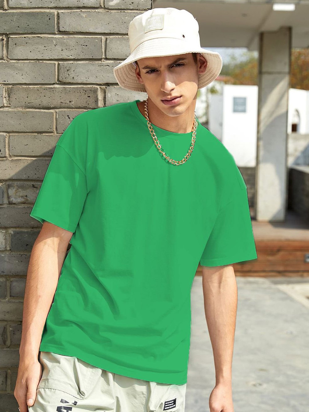 

Kotty Green Drop-Shoulder Sleeves Oversized Cotton Casual T-Shirt