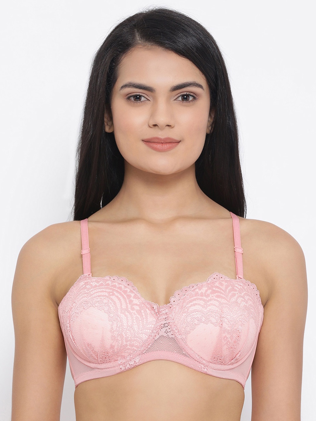 

Clovia Lace Half Coverage Underwired Lightly Padded Balconette Bra With All Day Comfort, Pink