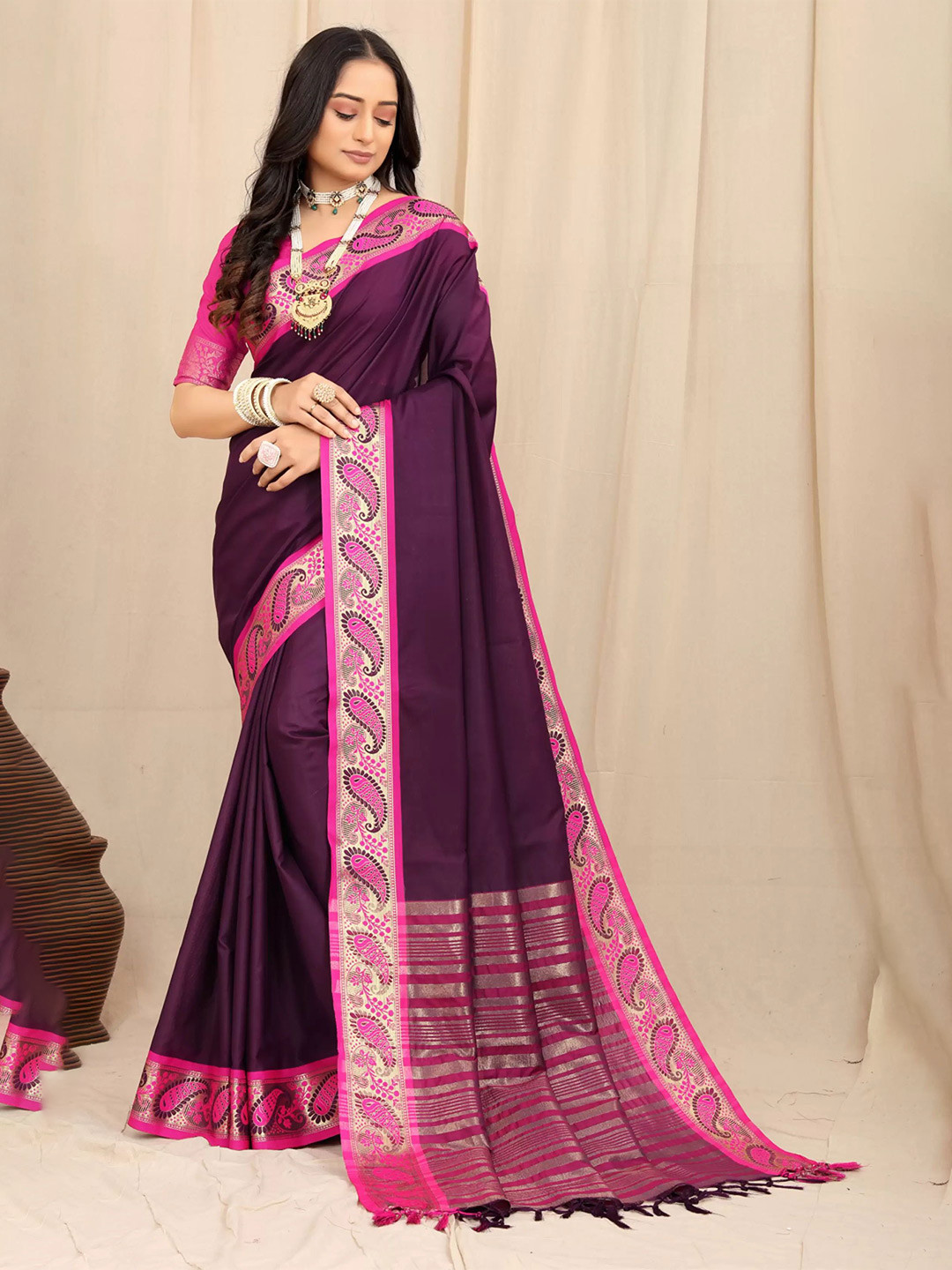

Mitera Zari Pure Cotton Banarasi Saree, Purple