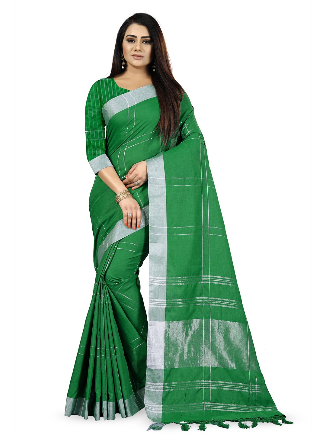 

Mitera Checked Zari Pure Cotton Banarasi Saree, Green