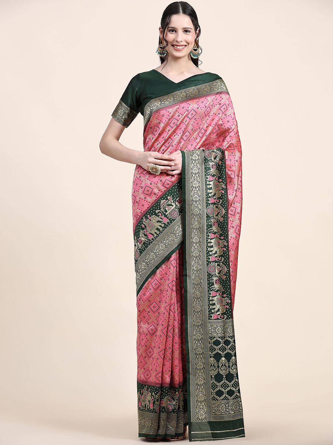 

Mitera Ethnic Motifs Zari Patola Saree, Pink