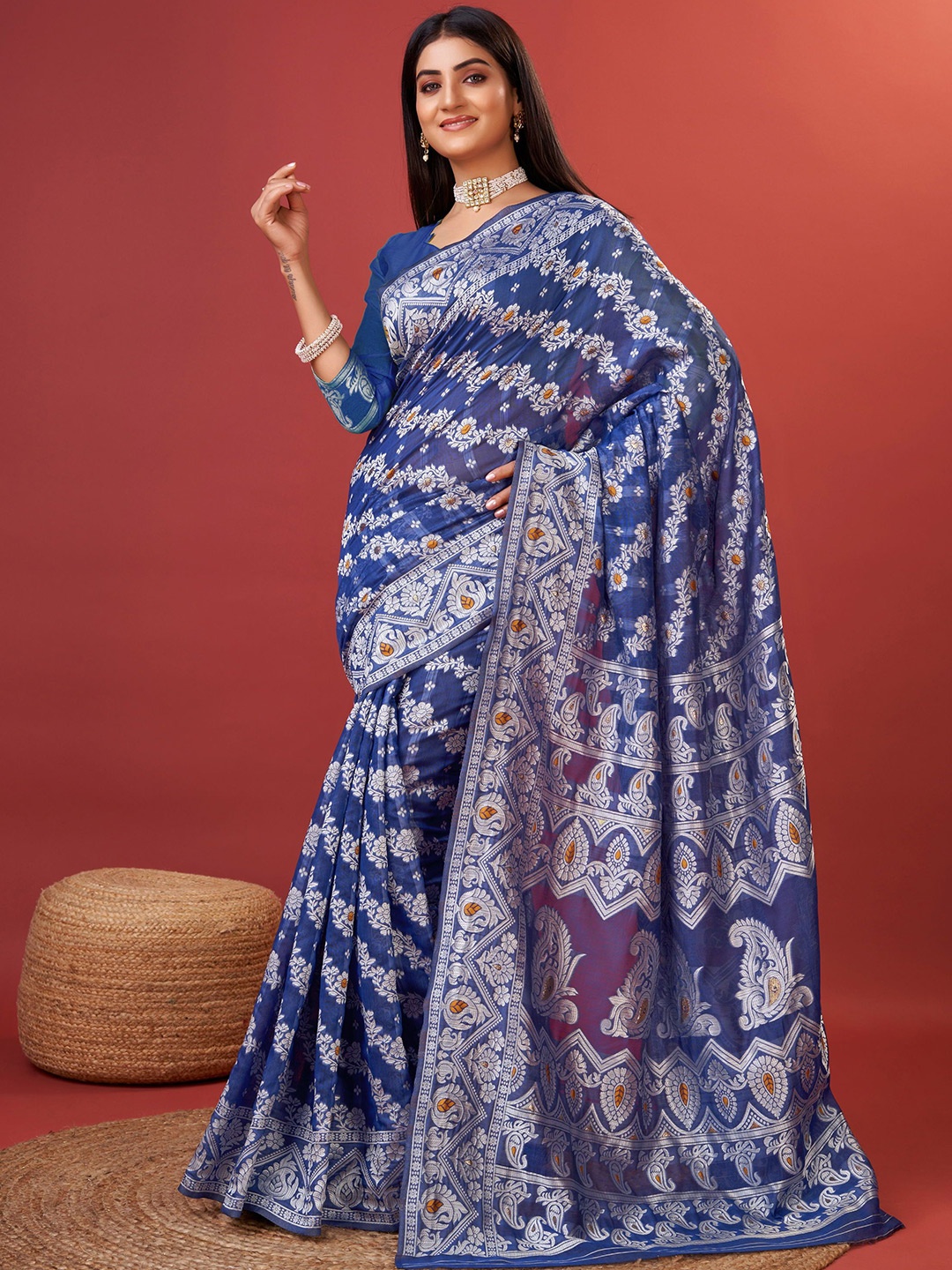 

Mitera Ethnic Motifs Zari Pure Cotton Banarasi Saree, Blue