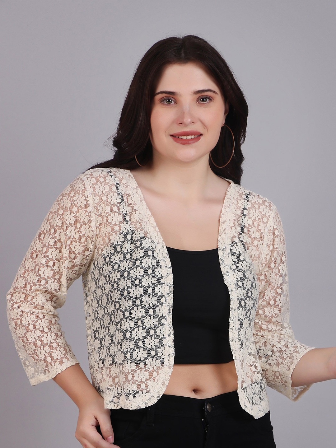 

Dressitude Self Designed Cotton Open Front Shrug, Beige