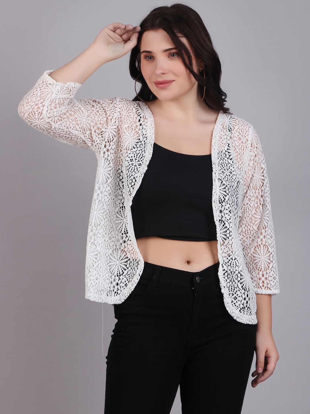 

Dressitude Self Design Cotton Open Front Shrug, White