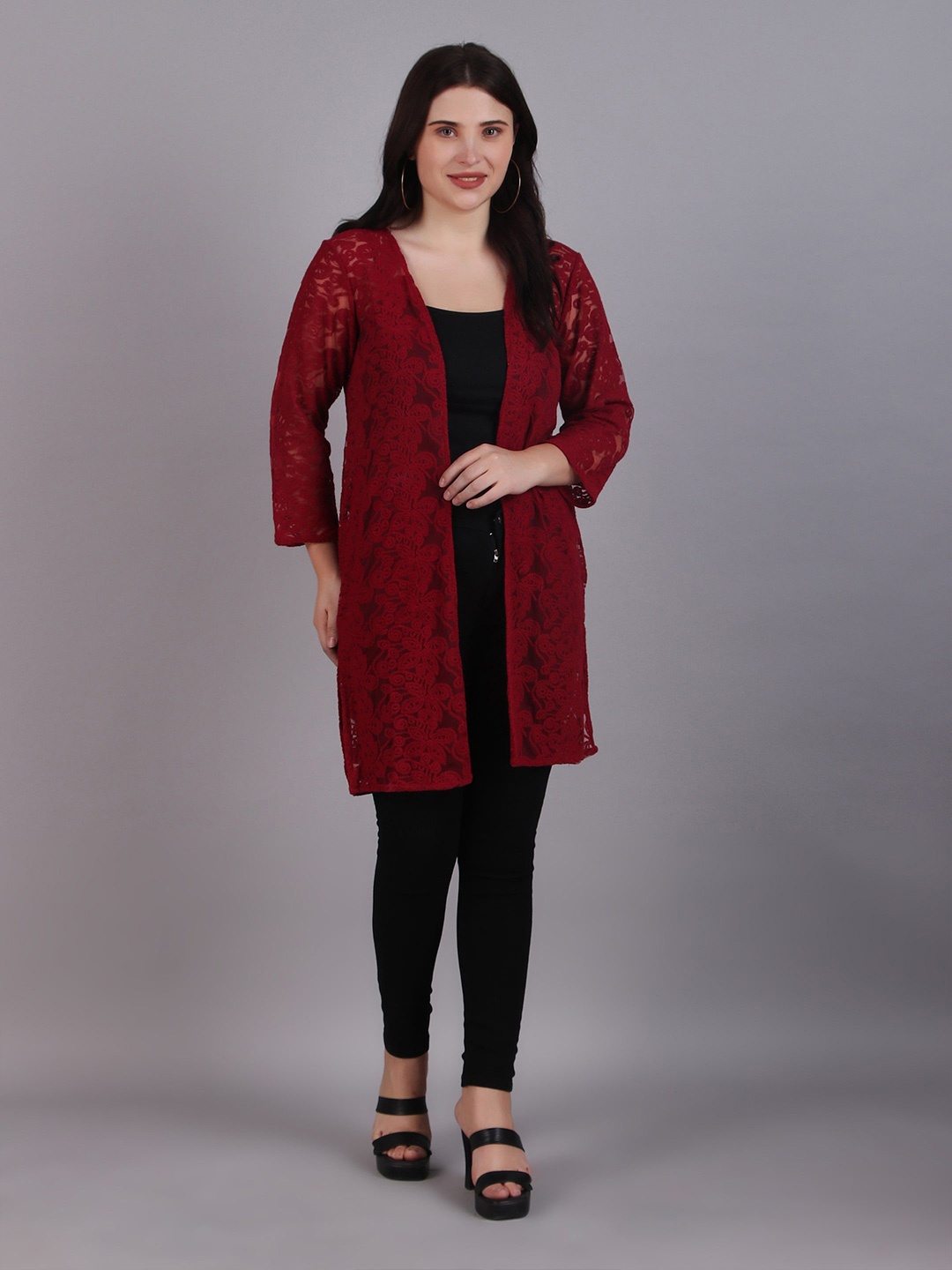 

Dressitude Self Designed Cotton Open Front Longline Shrug, Maroon