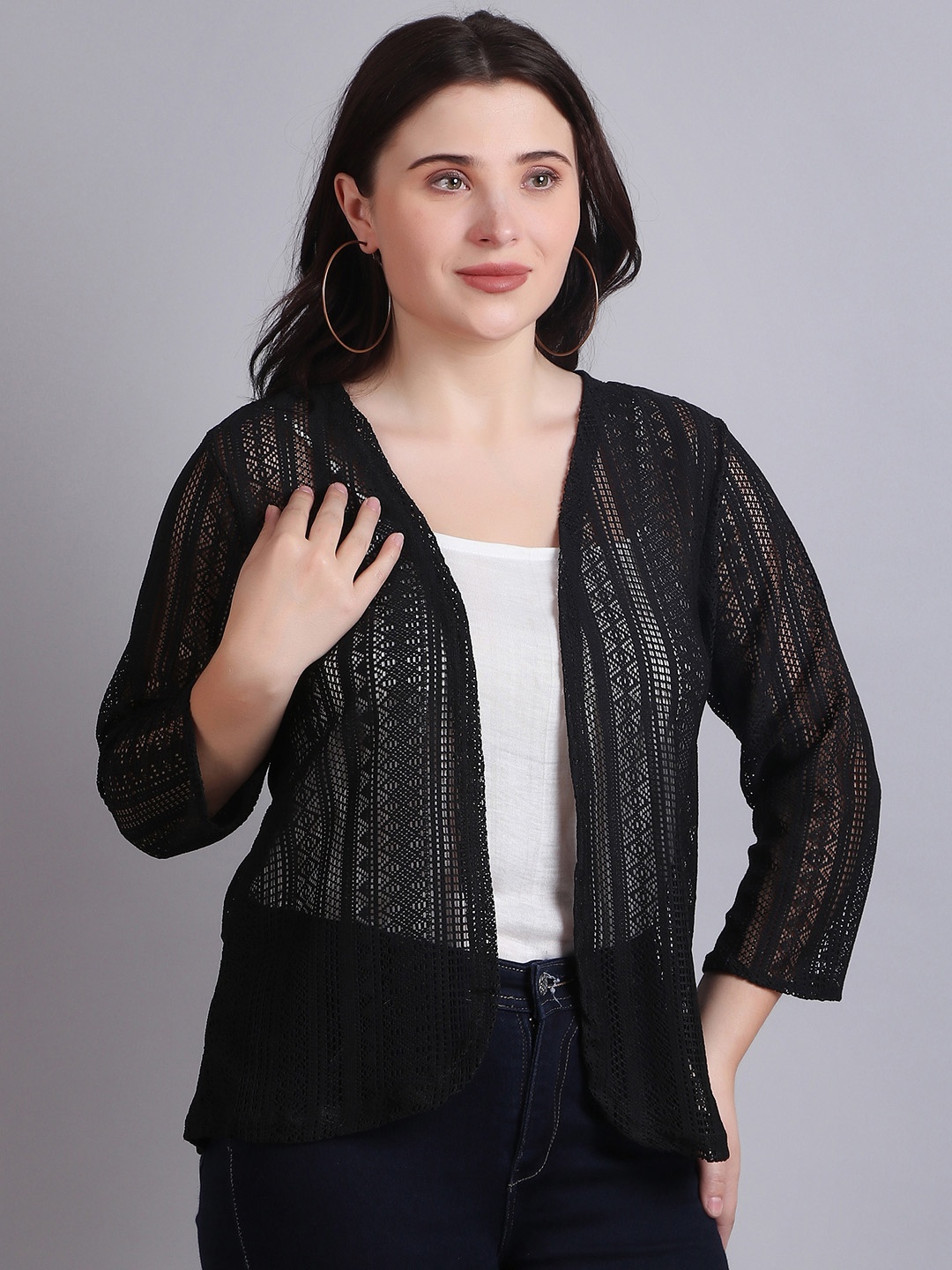 

Dressitude Self Design Open Front Cotton Shrug, Black