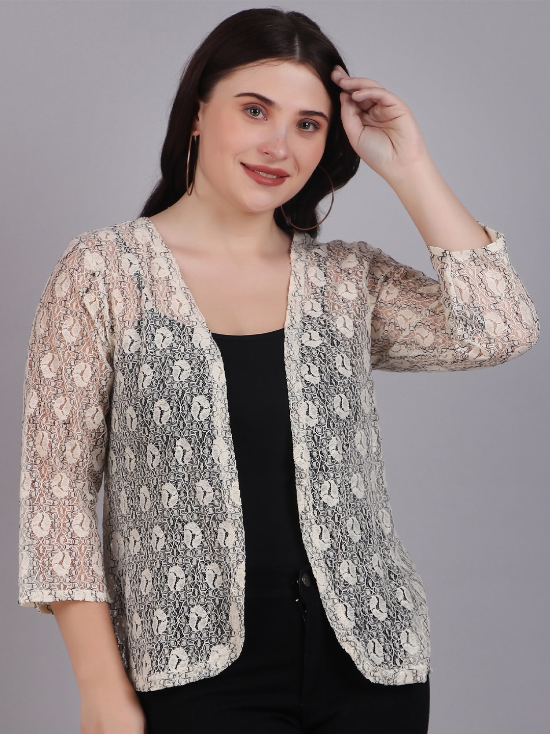 

Dressitude Self Designed Cotton Open Front Shrug, Beige