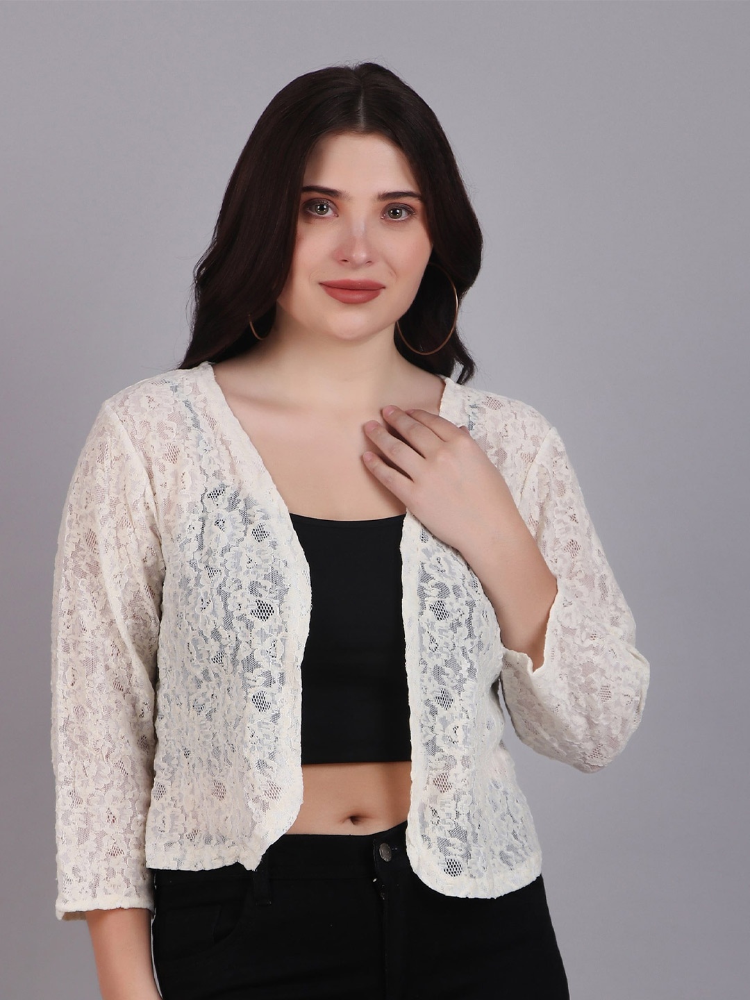

Dressitude Self Design Cotton Lace Shrug, Cream