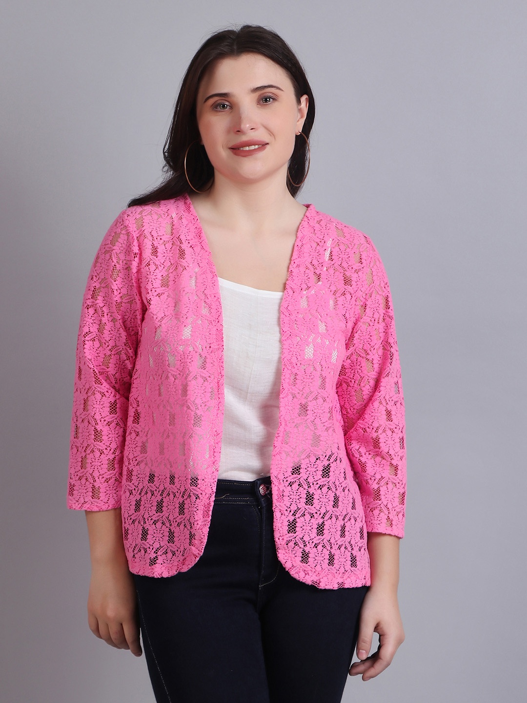 

Dressitude Self Design Open Front Cotton Shrug, Pink