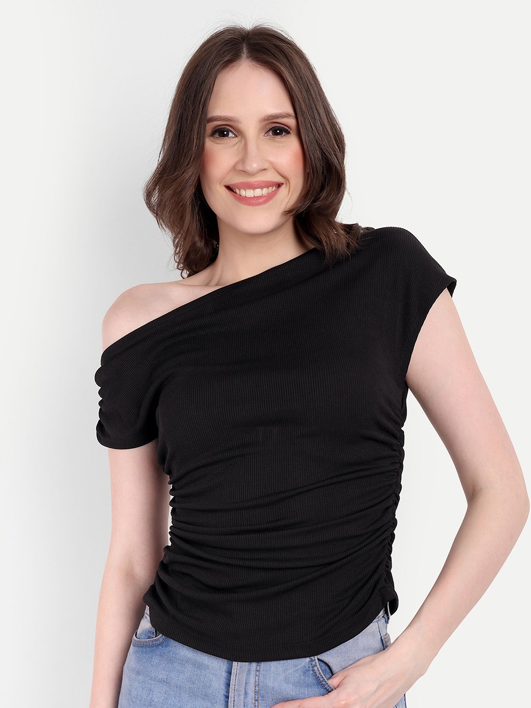 

DRAPE AND DAZZLE Ribbed Gathered One Shoulder Cotton Casual Top, Black